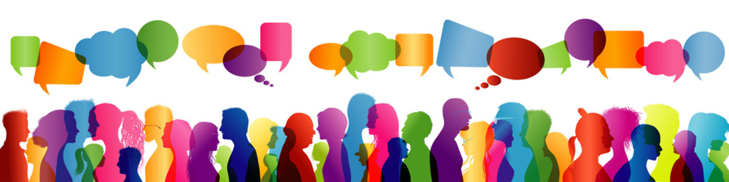 Communication between people. Group of people talking. Crowd talking. Colored profile silhouette. Speech bubble