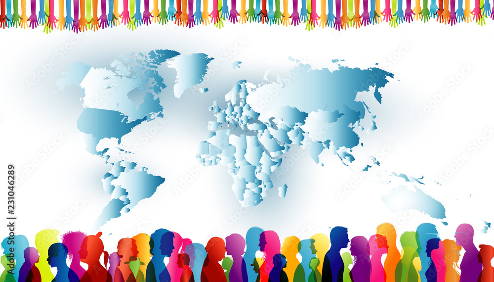 Sticker Community. Crowd of ethnic people standing together. Group of different people. Diversity of people. Colored silhouette profiles with world map