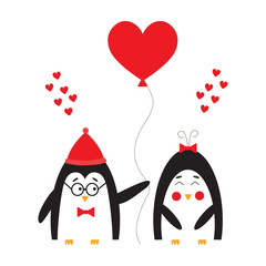 Card on Valentine's Day with love penguins. Vector illustration.