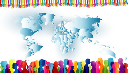 Community. Crowd of ethnic people standing together. Group of different people. Diversity of people. Colored silhouette profiles with world map