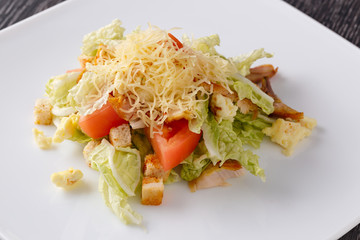 Fruit and vegetable salad with meat. Side view.