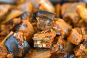 Eggplant stew with meat close up view