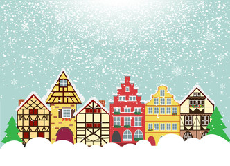 Vector icons set of 6 European houses. Elements for your design and decoration.  Christmas and New Year's design elements. Shining transparent beautiful snow isolated Snowfall, snowflakes