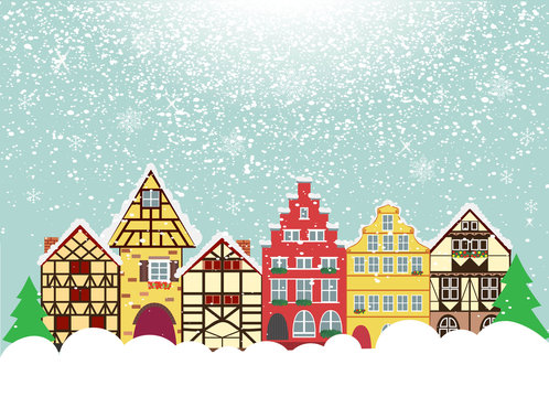 Vector icons set of 6 European houses. Elements for your design and decoration. Christmas and New Year's design elements. Shining transparent beautiful snow isolated Snowfall, snowflakes © Viktoriia