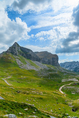 Fototapeta premium Panoramic view in Durmitor, Montenegro. Mountain road.