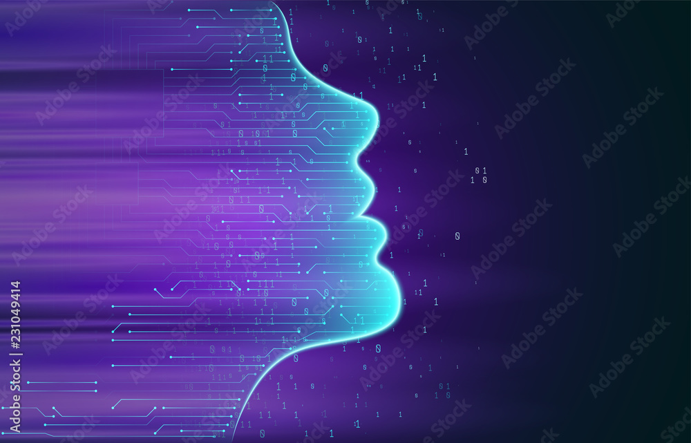 Poster illustration of human face. big data and artificial intelligence concept. machine learning. neural n