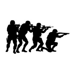 Police special forces tactical team, SWAT group, counter-terrorist squad fighters moving in stack formation behind team leader who aiming with shotgun vector silhouette isolated on white background