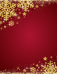 Obraz na płótnie Canvas Red christmas background with frame of gold glittering snowflakes, vector illustration