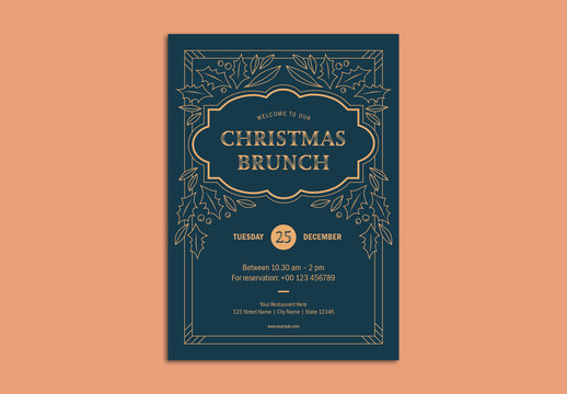 Christmas Brunch Flyer Layout with Holly Illustrations