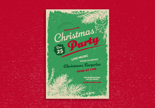 Christmas Party Flyer Layout with Pine Branch Illustrations