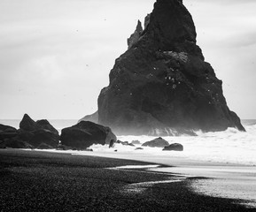 Massive Basalt Spire on the Black Beach of Iceland