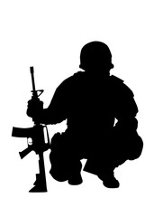 Army or police special forces shooter, SWAT team officer, commando fighter protected with helmet, siting on haunches and leaning on service rifle, black vector silhouette isolated on white background