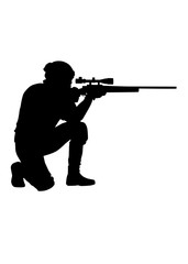 Army elite forces, police tactical unit, SWAT team sniper standing on one knee, aiming with telescopic optical sight, shooting with sniper rifle, black vector silhouette isolated on white background