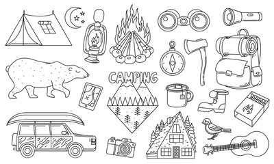 Set of cute camping elements. Stickers, doodle pins, patches. Equipment in forest. Mountain, fire, map, compass, bear, tent, car, backpack, guitar.