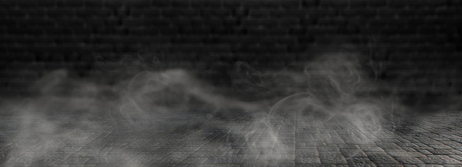 background of empty room at night, concrete floors and walls, neon light, fog, smoke, smog, sparks