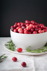 Festive red cranberries in a white bowl on a plate with rosemary leaves.