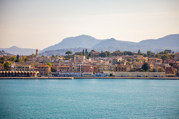 Fototapeta premium Corfu, Greece - 16.10.2018: Corfu town view from the water in Greece