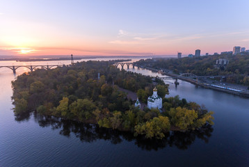 Aerial Flight over the Christian Church in the Monastic island, Dnepr City, Ukraine (Dnipro, Dnepropetrovsk, Dnipropetrovsk)