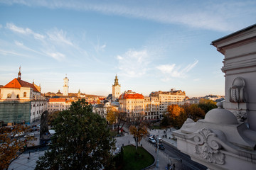 Fototapeta na wymiar Lviv cityscape view on the old town with town hall and churches during the sunset in Ukraine