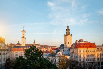 Lviv cityscape view on the old town with town hall and churches during the sunset in Ukraine