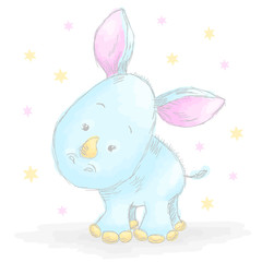 Obraz na płótnie Canvas Cute baby rhino nursery art vector hand drawn cartoon illustration