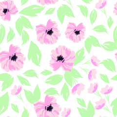 Beautiful Watercolor Seamless Pattern Print with Flowers and Leaves on White Background. Colorful design for fabric, wallpaper, gift paper, blog,web ,invitation,birthday,wedding.