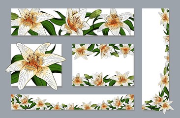 Banners set elegant lily tiger type realistic flowers vector