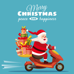 Merry Christmas Happy Santa Claus with a gifts box riding a scooter. Christmas holiday theme design element for greeting cards, banners, ads in contemporary cartoon style. Vector lustration