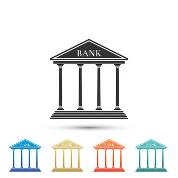 Bank building icon isolated on white background. Set elements in colored icons. Flat design. Vector Illustration