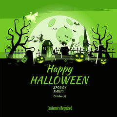 Poster Happy Halloween holiday pumpkin, cemetery, black abandoned castle, attributes of the holiday of All Saints, ghost, spider, black cat, a witch on a broomstick, a gloomy autumn forest, panorama