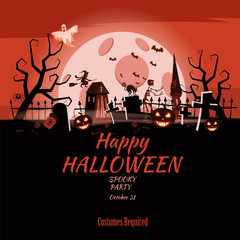 Poster Happy Halloween holiday pumpkin, cemetery, black abandoned castle, attributes of the holiday of All Saints, ghost, spider, black cat, a witch on a broomstick, a gloomy autumn forest, panorama