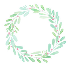 Wreath of green branches watercolor, hand drawn illustration