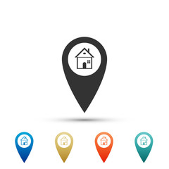 Map pointer with house icon isolated on white background. Home location marker symbol. Set elements in colored icons. Flat design. Vector Illustration