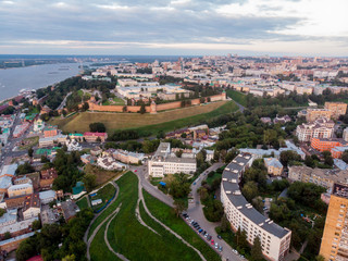 Fototapeta na wymiar Aerial view at NIzhny Novgorod downtown with visible Kremlin, Volga river and multiple churches.
