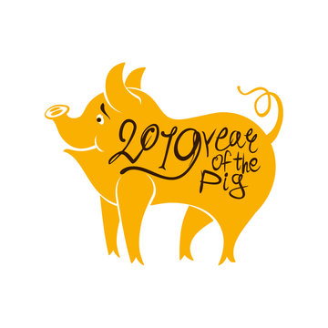 Template for the year of the pig 2019. Yellow silhouette of a pig and calligraphic inscription. New Year on the Chinese calendar.