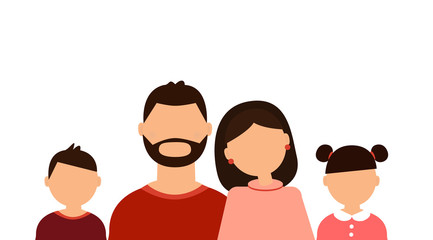 Obraz premium Happy family: father, mother, son and daughter without faces on the white background. Flat style. Vector illustration