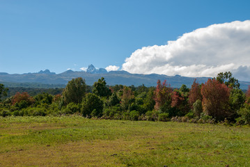 Fototapeta na wymiar Landscape in Mount Kenya National Park with the mountain peaks in the distance