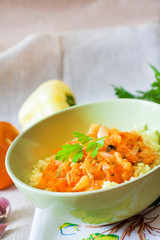 Steamed rice with stewed vegetables and turmeric