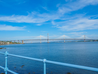 Naklejka premium View of the Queensferry Crossing bridges over the Firth of Forth, Edinburgh, Scotland, UK.