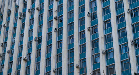 Architectural shapes in blue and white, with simple lines and a communist aspect