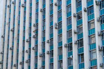 Architectural shapes in blue and white, with simple lines and a communist aspect
