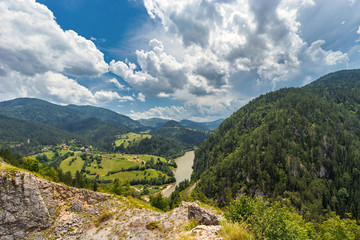 Landscape view of Zaovine and  Spajici lake from the height, and the river Beli Rzav in Tara national park in Serbia in summer day - obrazy, fototapety, plakaty