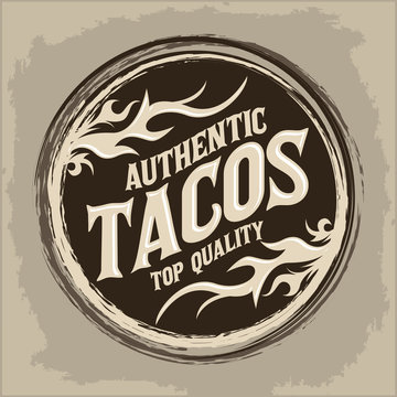 Tacos icon emblem, Grunge rubber stamp, spicy mexican style food