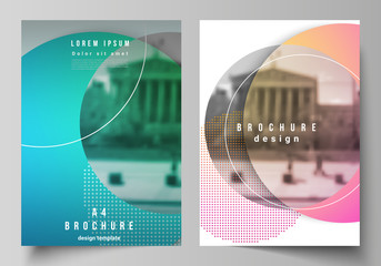 The vector layout of A4 format modern cover mockups design templates for brochure, magazine, flyer, booklet, annual report. Creative modern bright background with colorful circles and round shapes