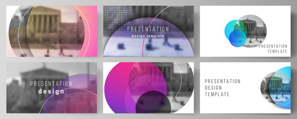 The minimalistic abstract vector illustration of the editable layout of the presentation slides design business templates. Creative modern bright background with colorful circles and round shapes.