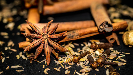 various aromatic spices and herbs on black background. star anise, cloves, cardamom, cinnamon stick