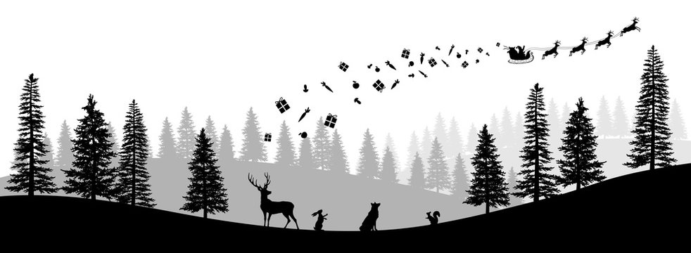 Christmas black silhouette. Panorama of Santa Claus riding sleigh with deers. Winters new year landscape. Forest scene. Holidays background
