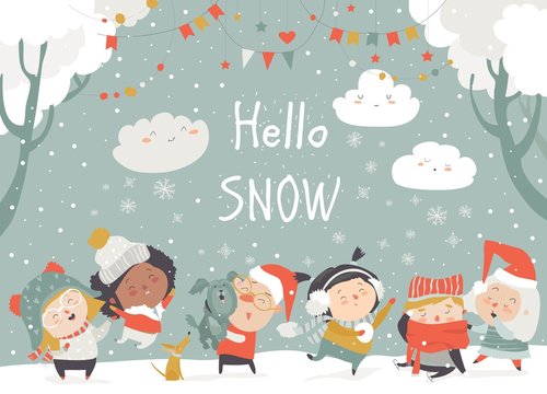 Cartoon happy children enjoying winter. Hello snow