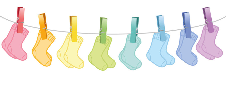 Baby socks. Colored pairs hanging on a clothes line. Isolated vector illustration on white background.
