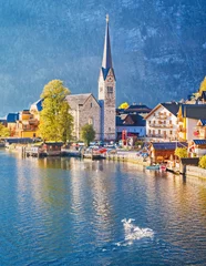 Foto auf Acrylglas Hallstatt Lake Town in Austria's mountainous Salzkammergut region, High Alps parkland. Picturesque landscape of Great Alpine nature. Hallstatt is famous romantic European UNESCO travel destination. © Feel good studio